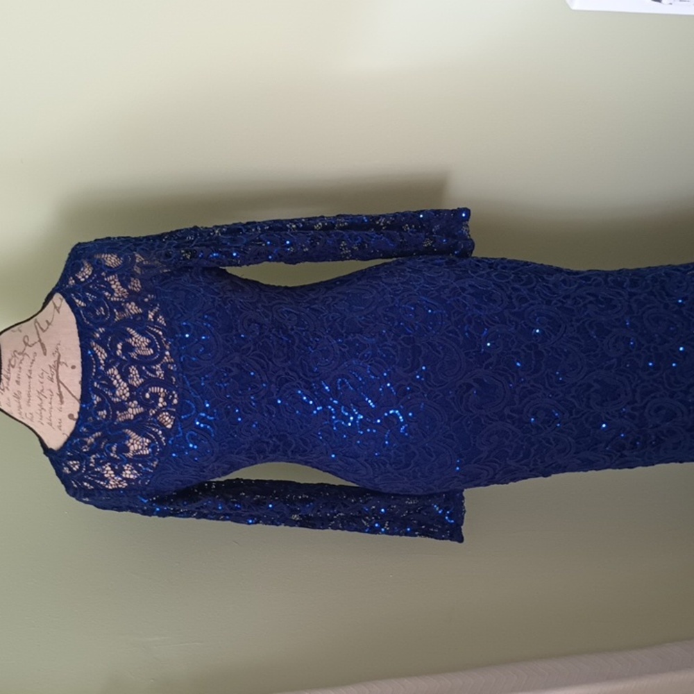 MARINA Blue Lace Long Sleeve Dress